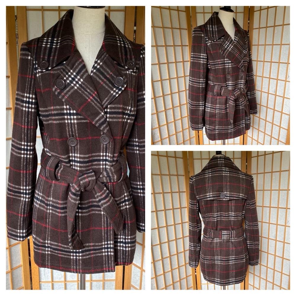 Jou Jou Brown Plaid Double Breasted Wool Blend Jacket SZ M